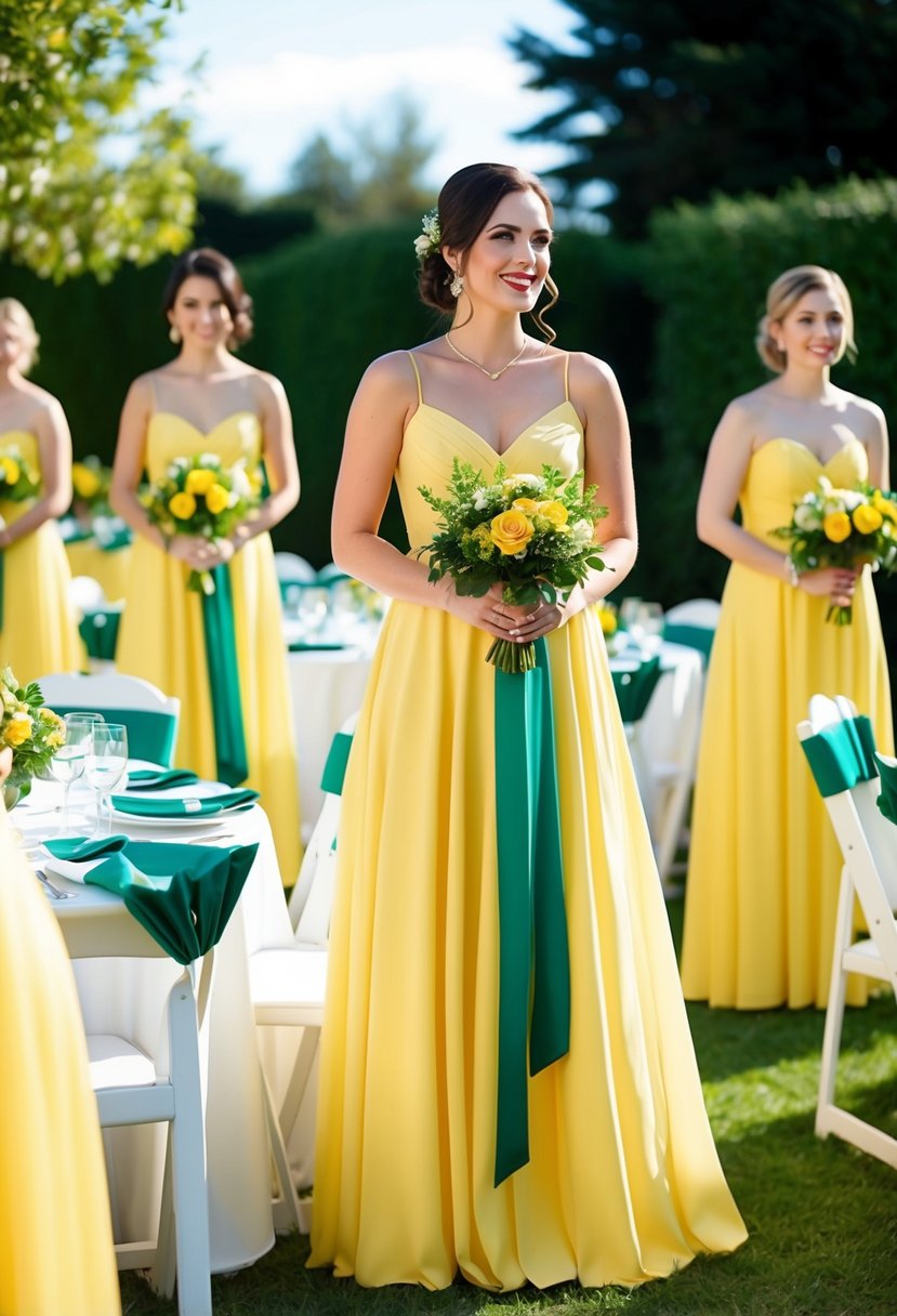 Yellow bridesmaid dresses with emerald sashes and bouquets stand in a sunlit garden. Tables are adorned with emerald and yellow floral centerpieces