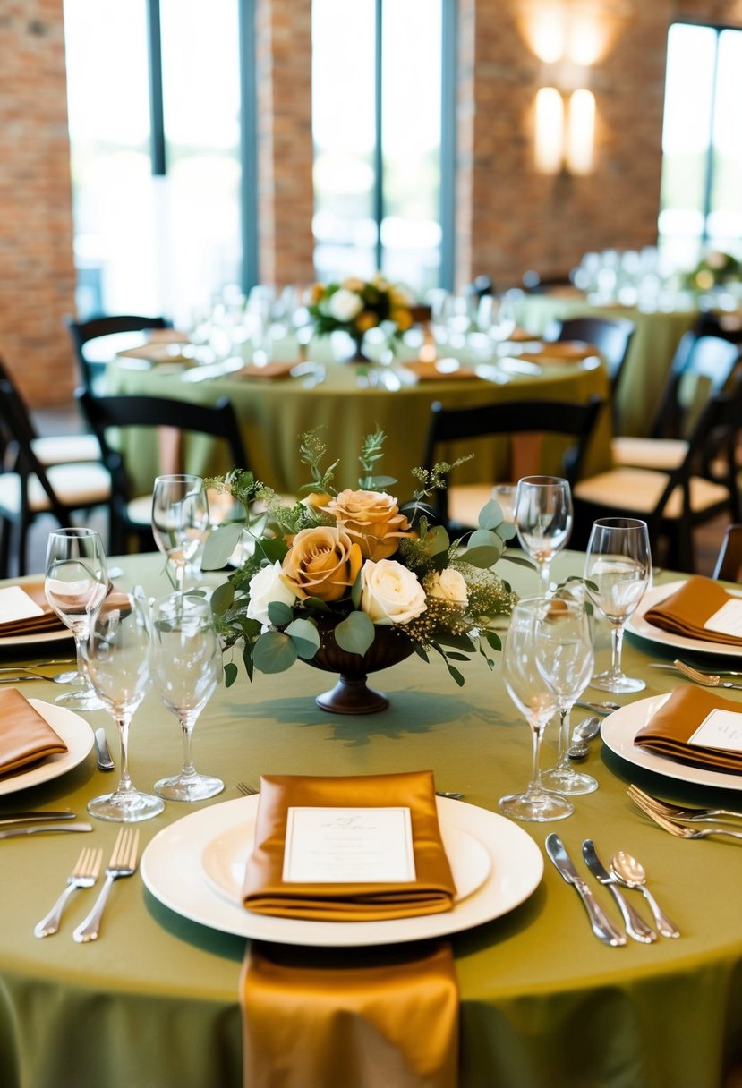 An elegant wedding table set with olive green and caramel brown decor, including linens, flowers, and place settings