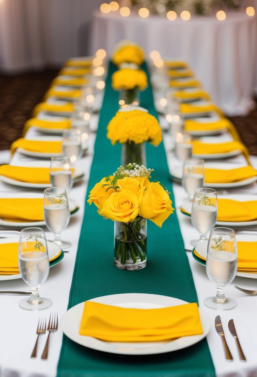 Emerald table runners adorned with yellow centerpieces on a wedding reception table