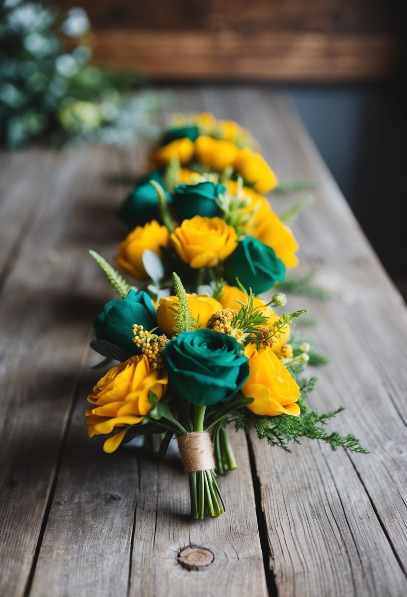 Emerald and mustard yellow boutonnieres arranged on a rustic wooden table