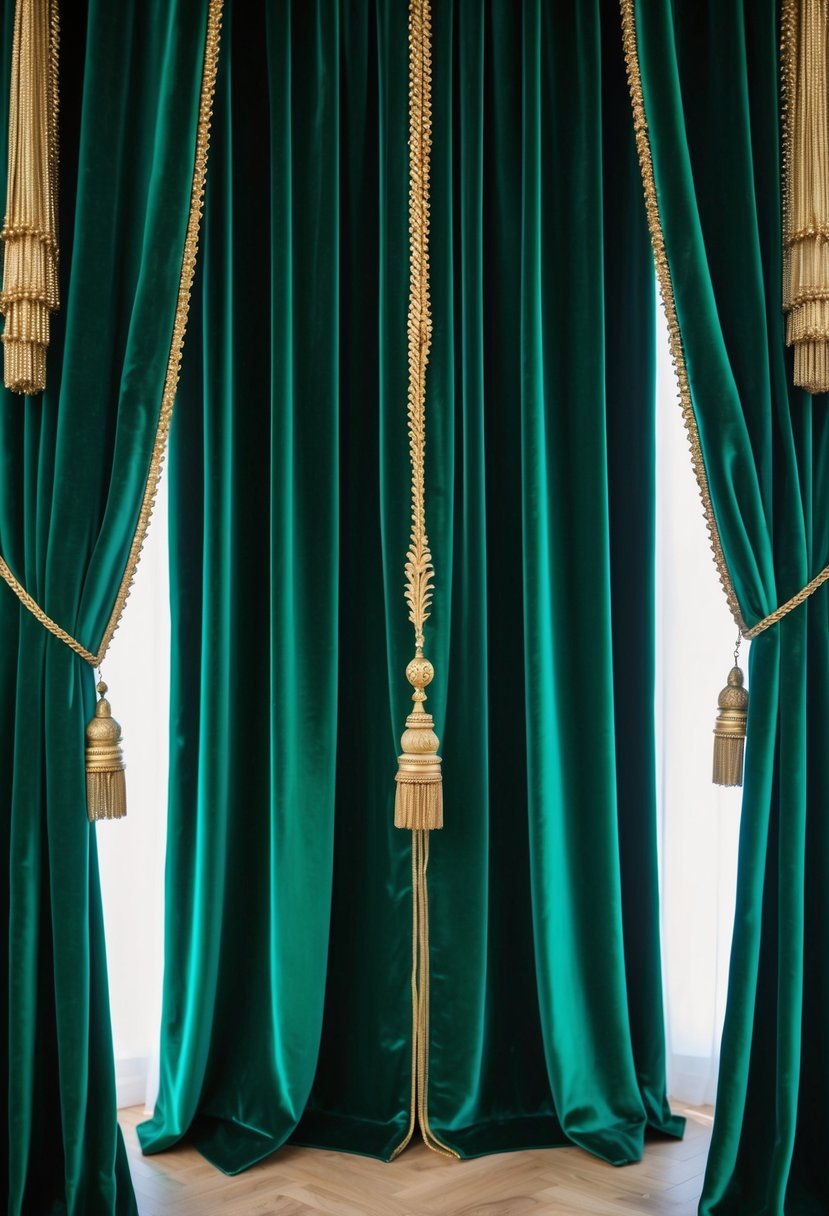 Emerald velvet drapes cascading down, adorned with golden accents, creating a regal and luxurious atmosphere