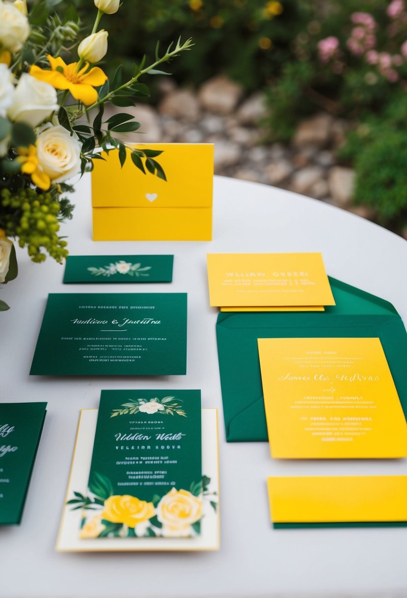 Yellow and emerald green wedding invitations arranged on a table with floral accents