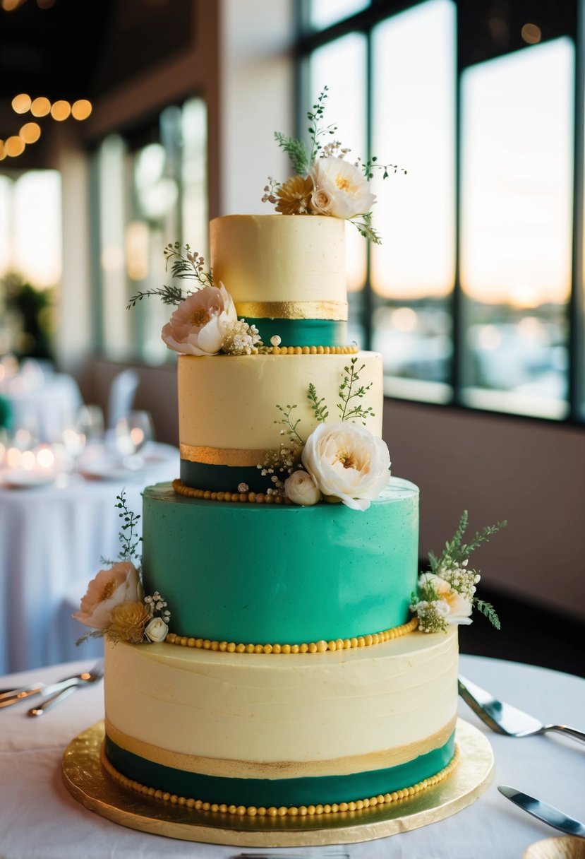 A three-tiered wedding cake with emerald green and golden yellow frosting, adorned with delicate floral decorations and shimmering edible gold accents