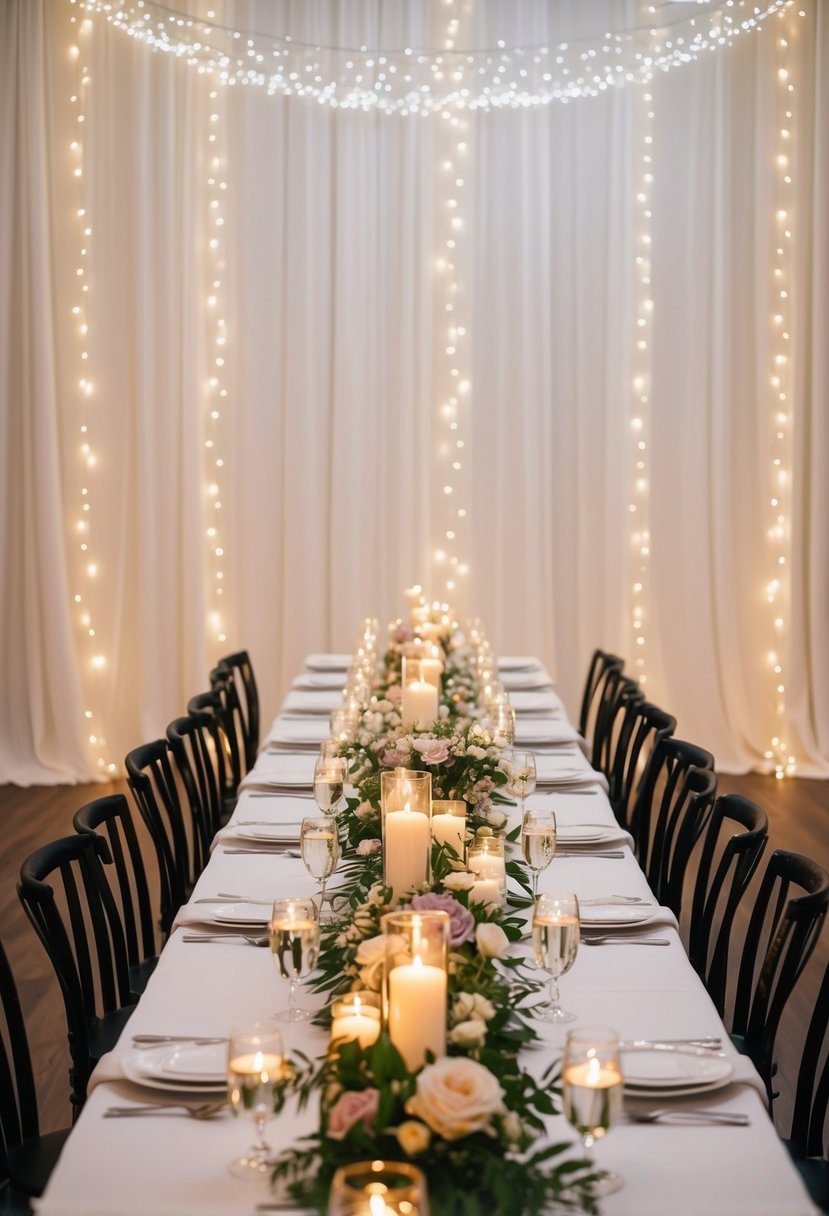 A long white table adorned with elegant floral centerpieces and flickering candlelight, set against a backdrop of soft draping fabric and twinkling fairy lights