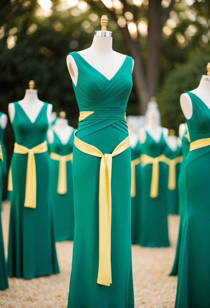 Emerald green dresses with yellow sashes in a wedding setting