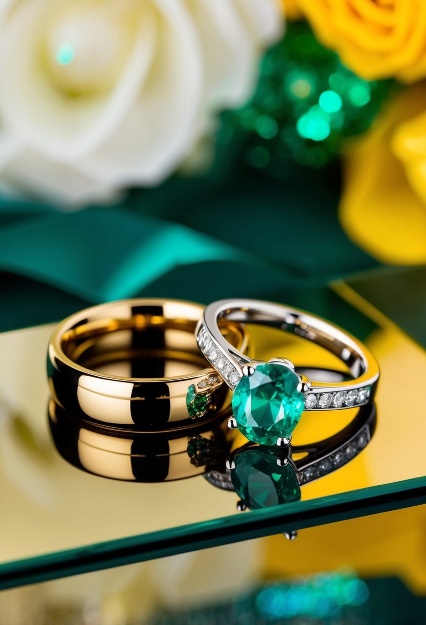 Two elegant rings, one in gold and the other in emerald green, placed on a reflective surface surrounded by emerald and yellow wedding decor