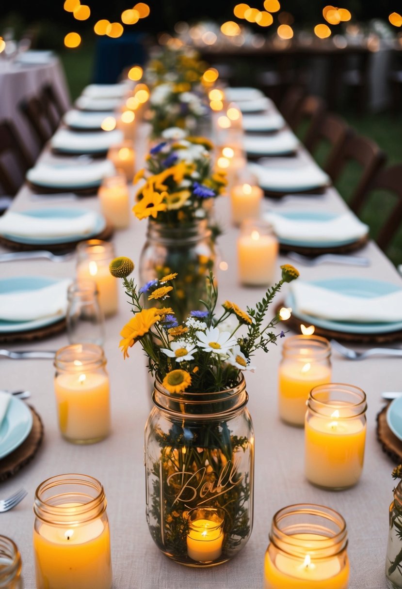 Mason jars filled with wildflowers and surrounded by flickering candles adorn the rustic head table at a wedding reception