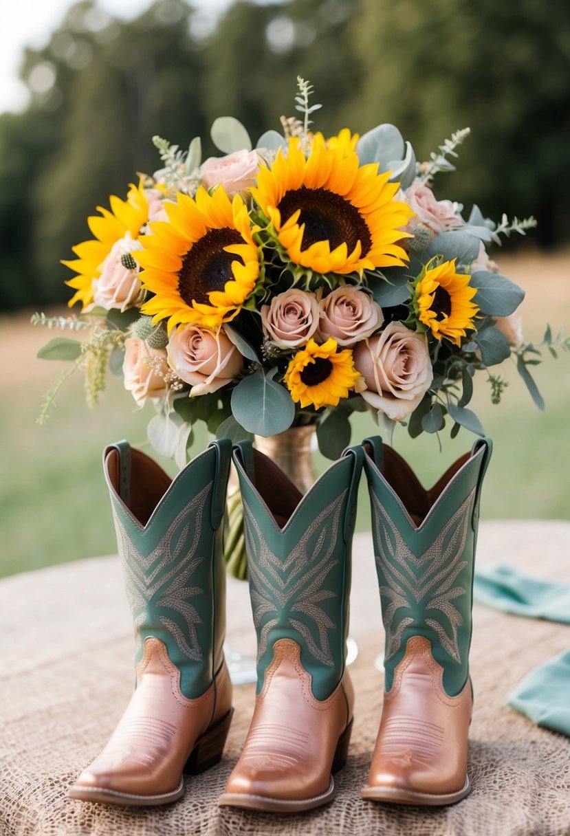 A rustic outdoor wedding with earthy tones of sage, blush, and gold. Sunflowers and cowboy boots add a pop of color