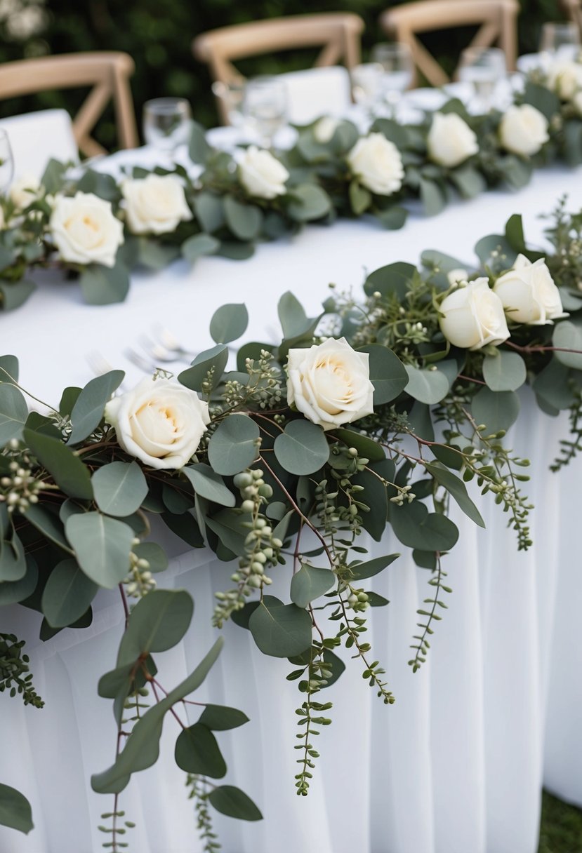 A eucalyptus garland adorned with white roses drapes elegantly across the head table, creating a romantic and natural wedding decoration