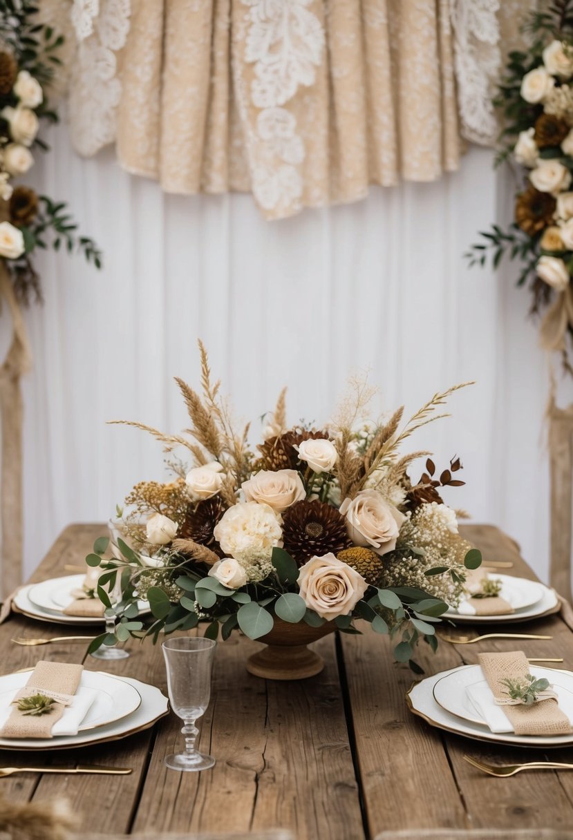 A rustic wooden table adorned with beige and brown floral arrangements, set against a backdrop of elegant lace and burlap accents