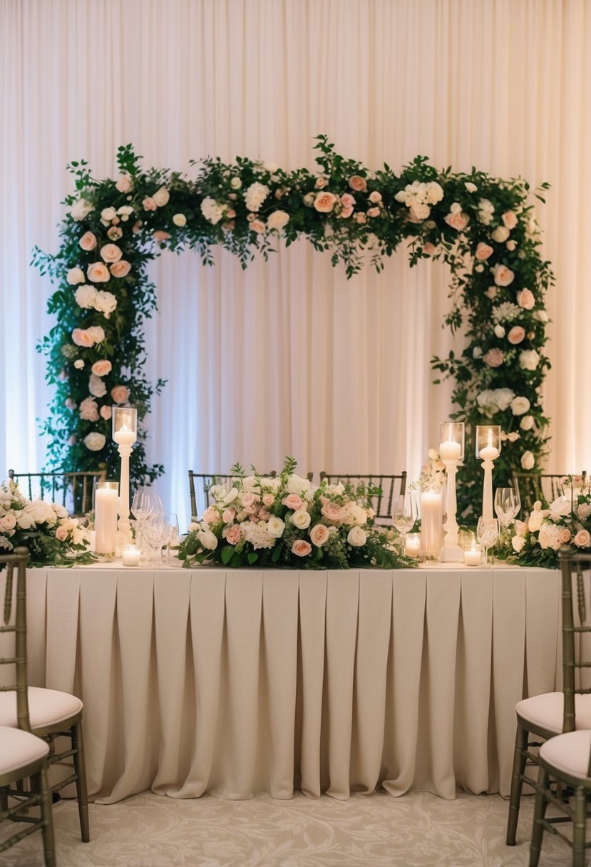 An elegant draped backdrop frames the head table, adorned with lush floral arrangements and delicate candlelight