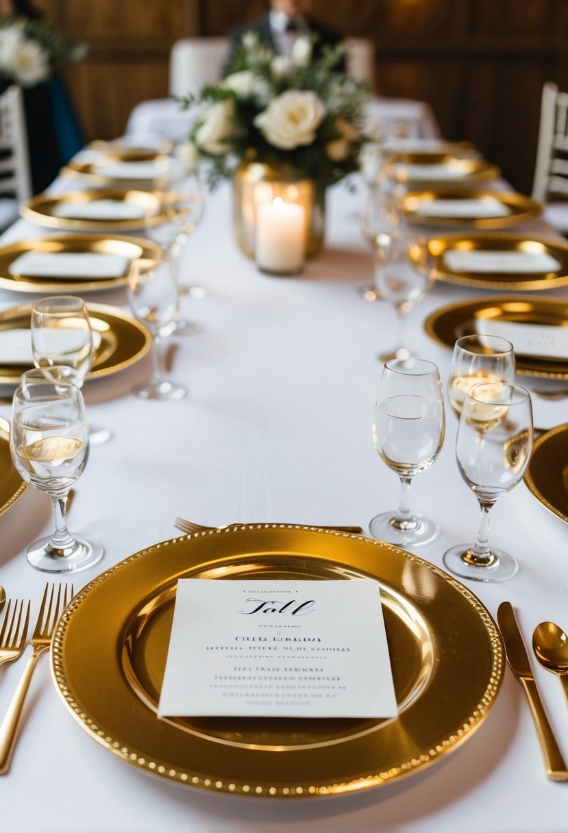 A head table at a wedding adorned with shimmering gold charger plates, adding an elegant touch to the table decoration