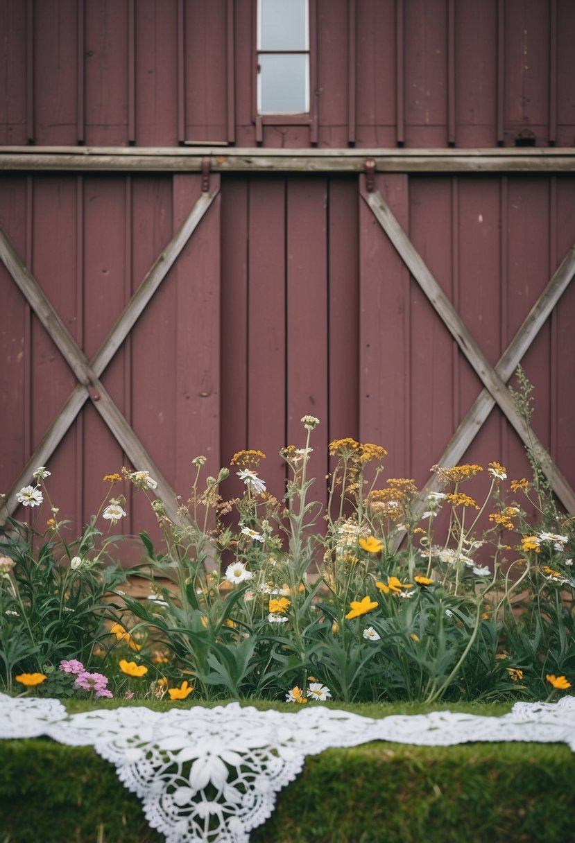 A rustic barn setting with muted burgundy and charm accents, featuring wildflowers and vintage lace details