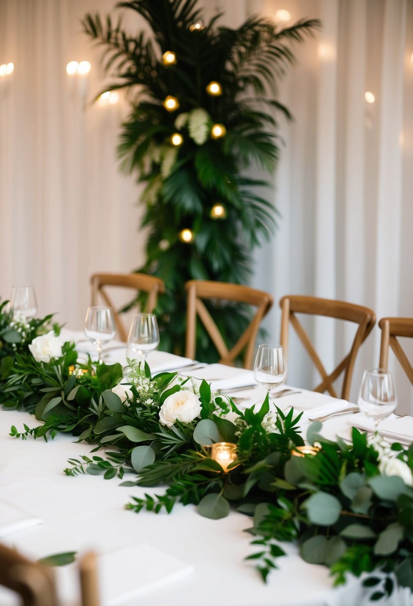 A head table adorned with lush greenery accents