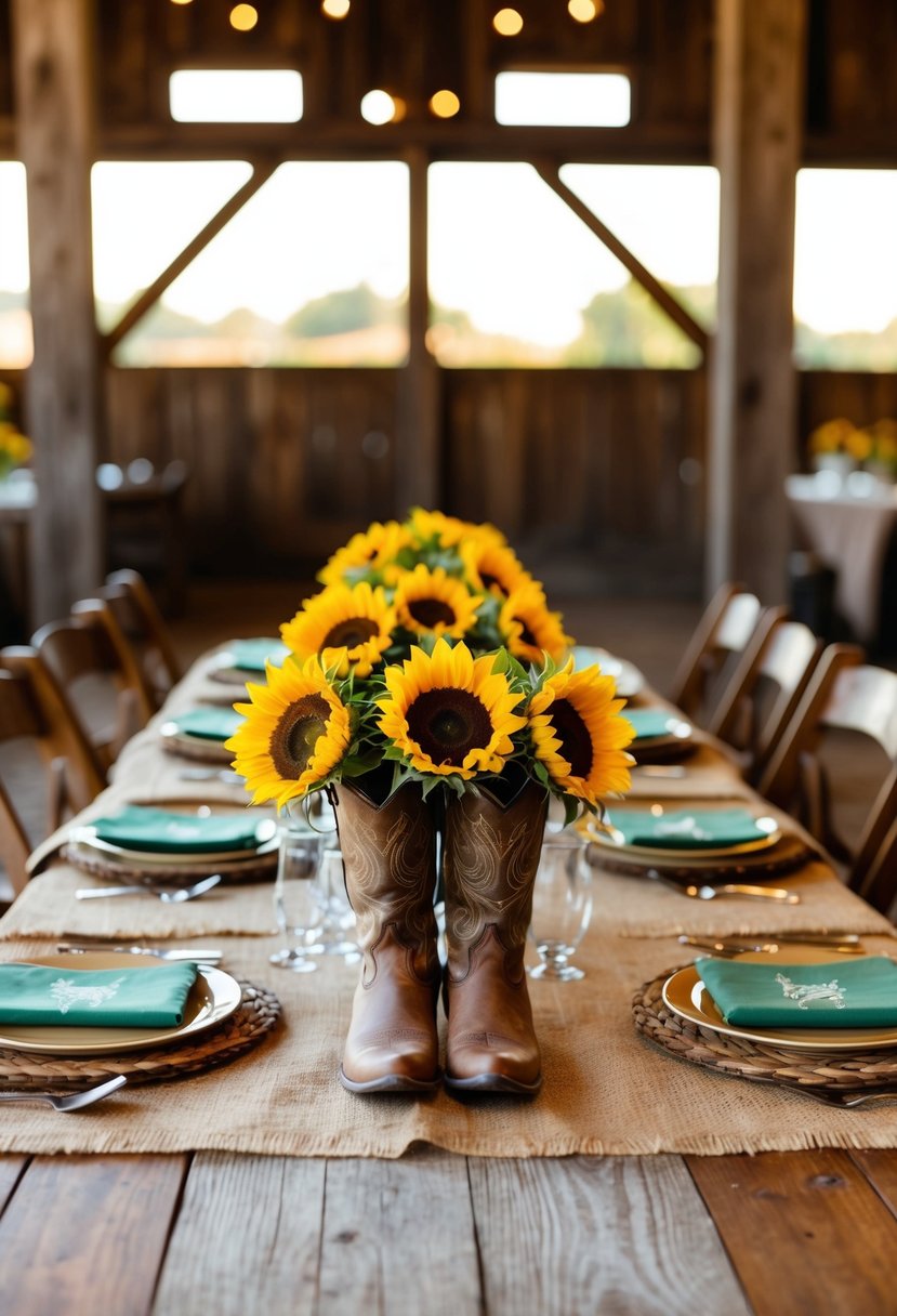 A rustic barn setting with sunflowers, burlap table runners, and cowboy boots as decor. Warm, earthy tones dominate the color scheme