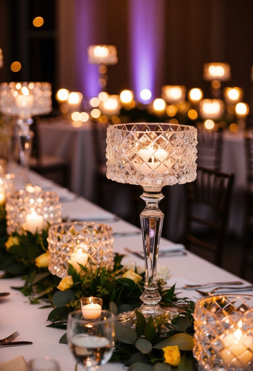 Glowing crystal candle holders adorn the head table at a wedding, casting a warm and romantic ambiance