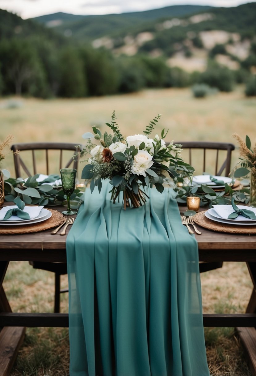 A serene western wedding scene in dark sage green palette with rustic decor and natural elements