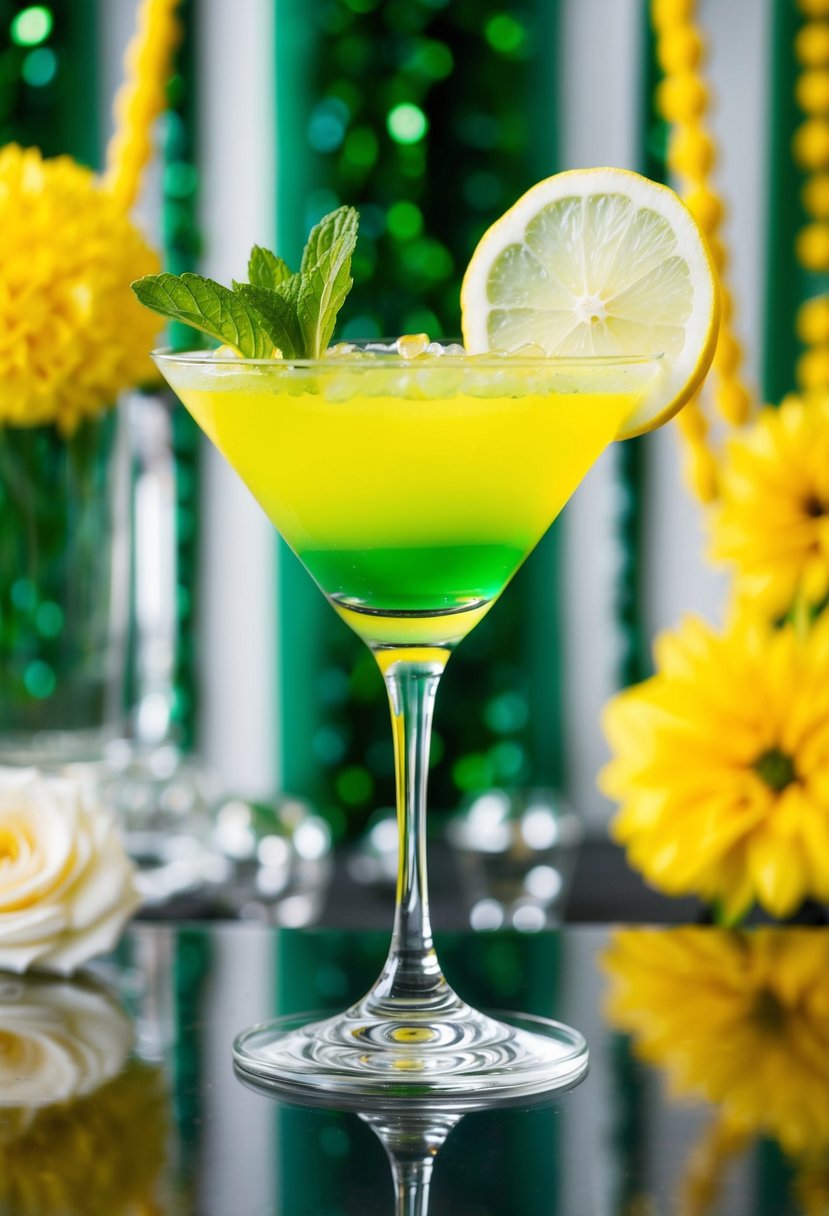 A crystal-clear glass filled with a vibrant yellow and green cocktail, garnished with a sprig of fresh mint and a slice of lemon, set against a backdrop of emerald and yellow wedding decor