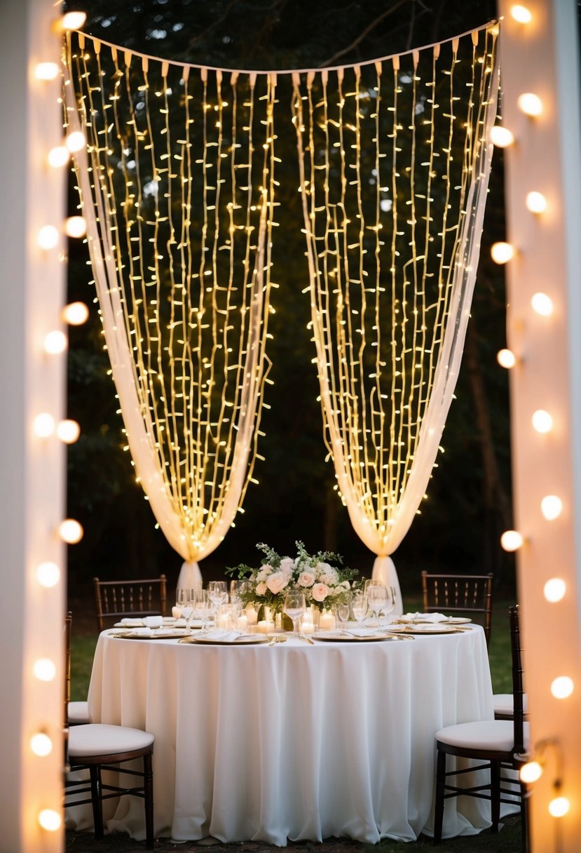 A head table adorned with fairy light curtains creates a romantic wedding setting