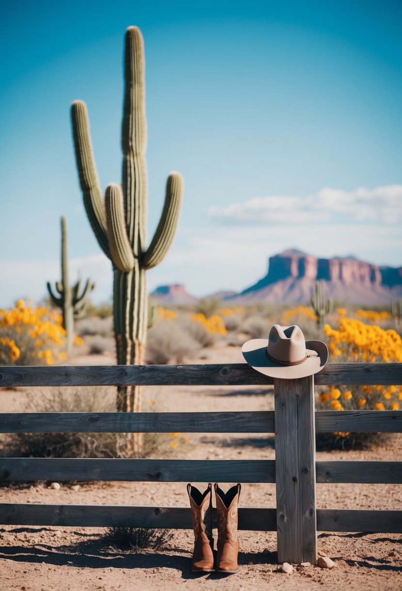 A desert landscape with a turquoise cactus and pops of coral and yellow wildflowers. A cowboy hat and boots sit on a weathered wooden fence