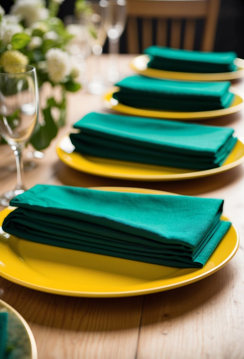 Emerald green napkins neatly folded on yellow plates