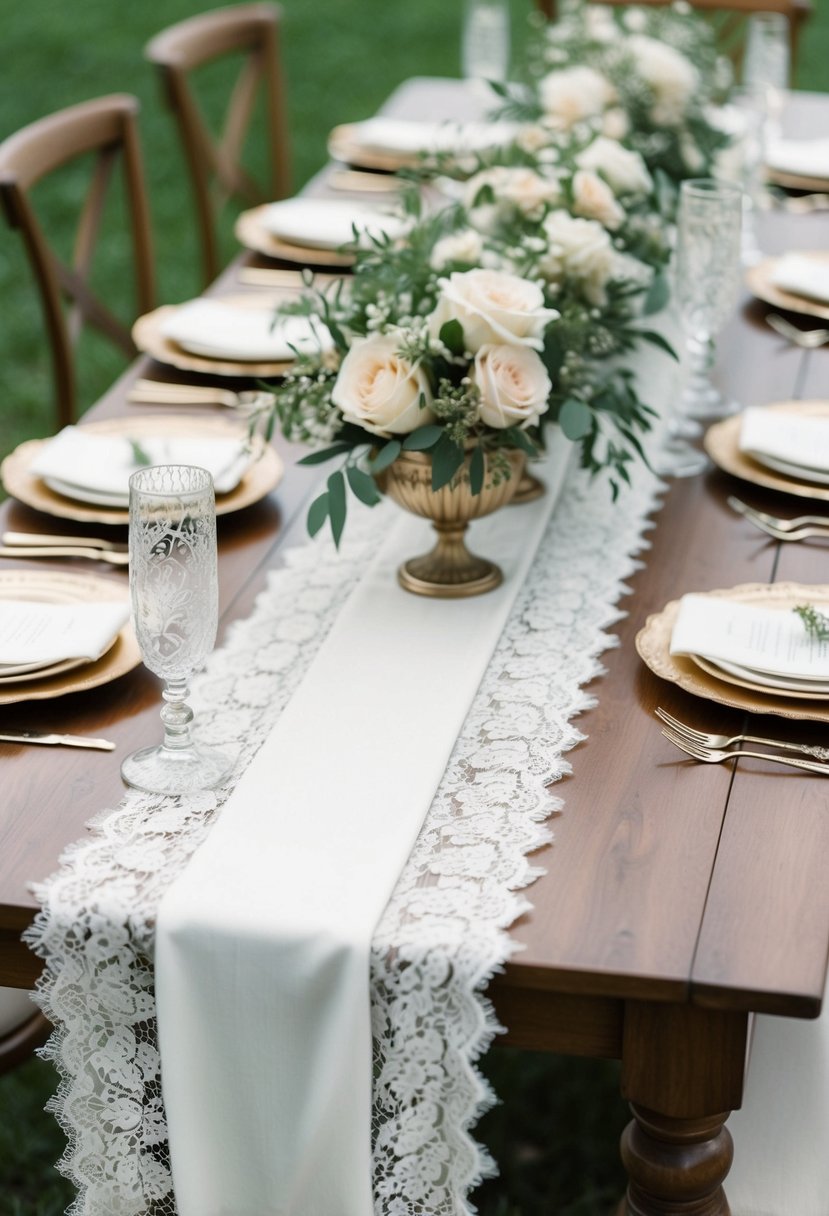 A long lace table runner drapes over a wooden head table, adorned with delicate vintage details, creating an elegant and romantic wedding centerpiece