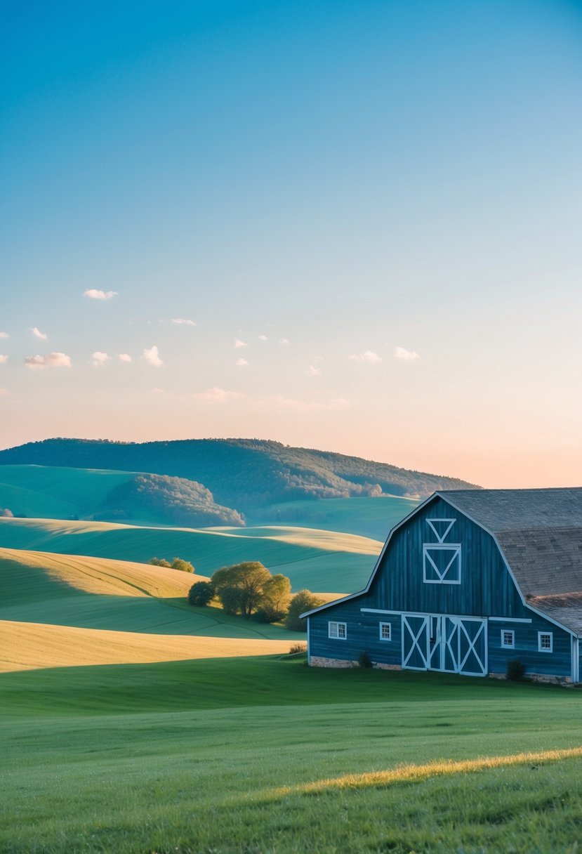 A serene landscape with a clear blue sky, rolling hills, and a rustic barn adorned with Wedgewood blue accents