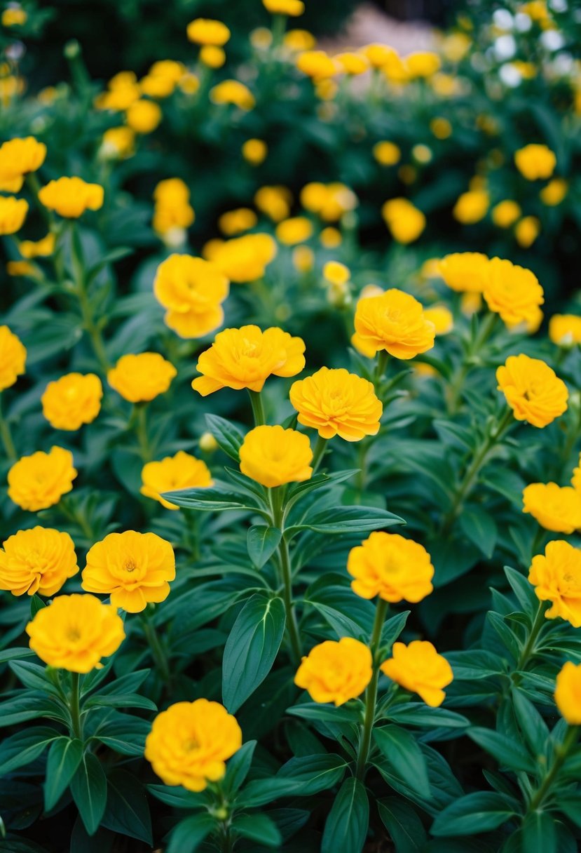 A lush garden filled with vibrant yellow flowers and emerald green leaves, creating a stunning color palette for a wedding theme