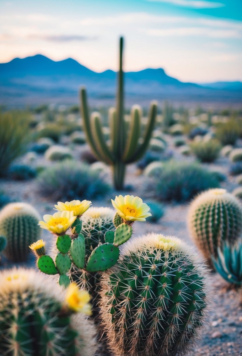 A serene desert landscape with soft blue and green tones, accented by wildflowers and cacti