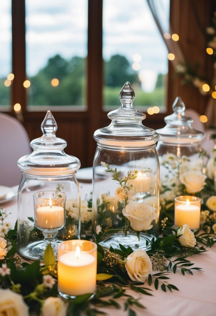 Glass wishing jars arranged on a wedding head table, surrounded by delicate floral decorations and soft candlelight