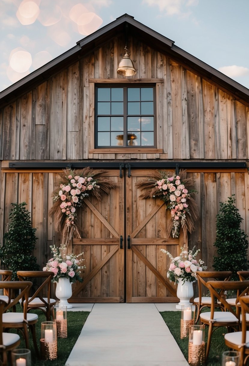 A rustic oak barn adorned with rose gold accents, featuring a blend of earthy browns and soft pinks in floral arrangements and decor