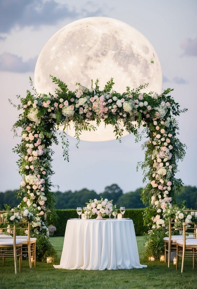 A grand floral moon gate frames the head wedding table, adorned with lush greenery and delicate blooms