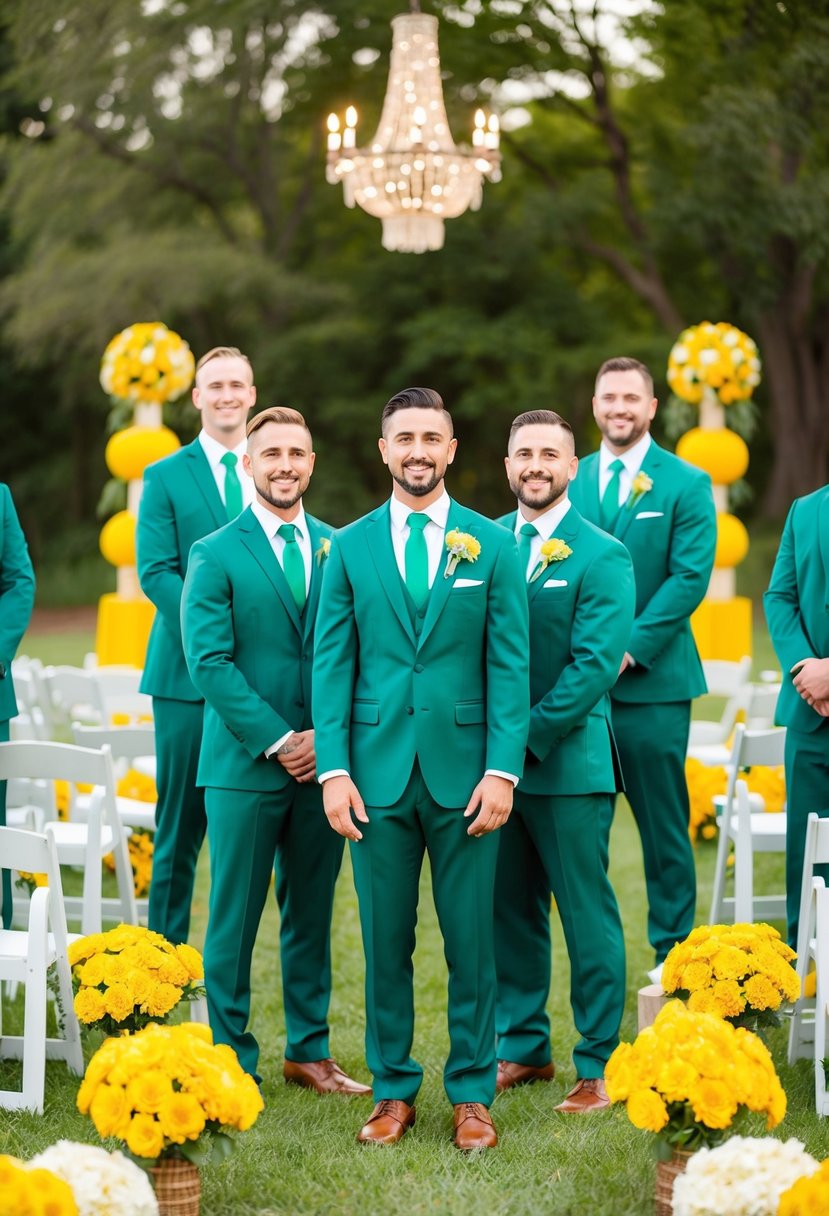 Groom and groomsmen in emerald green suits, surrounded by yellow flowers and decor at a vibrant outdoor wedding