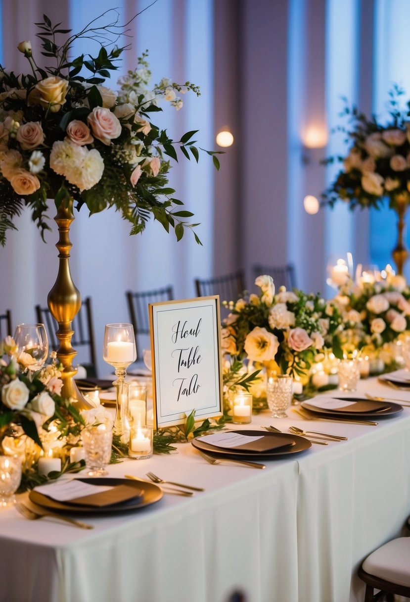 A beautifully decorated table with personalized signage for the head table at a wedding, featuring elegant floral arrangements and romantic lighting