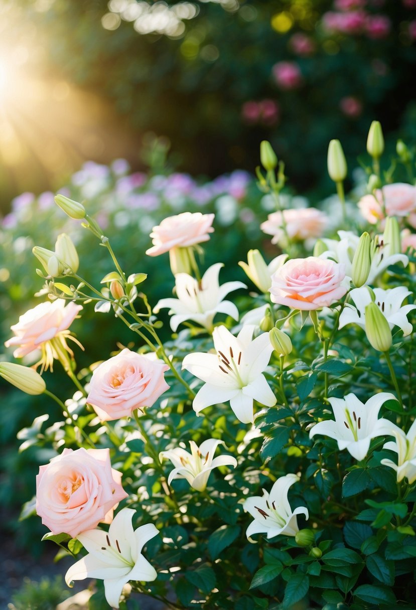 A serene, sunlit garden with blush roses and white lilies, accented with delicate greenery