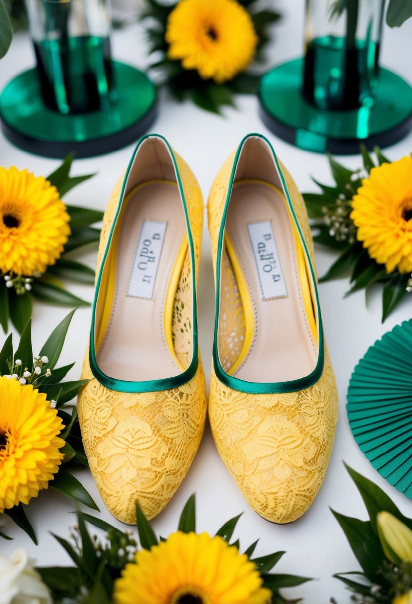 Yellow lace wedding shoes with emerald trim displayed on a white background, surrounded by emerald and yellow wedding decor and flowers