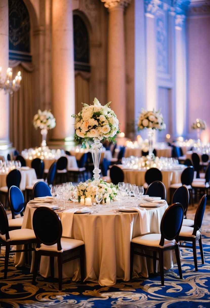 A grand banquet table adorned with opulent silk tablecloths in a luxurious wedding setting