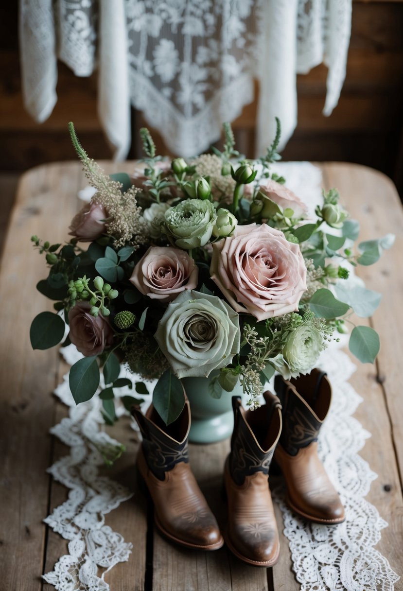 A dusty rose and sage green bouquet sits on a weathered wooden table, surrounded by antique lace and cowboy boots