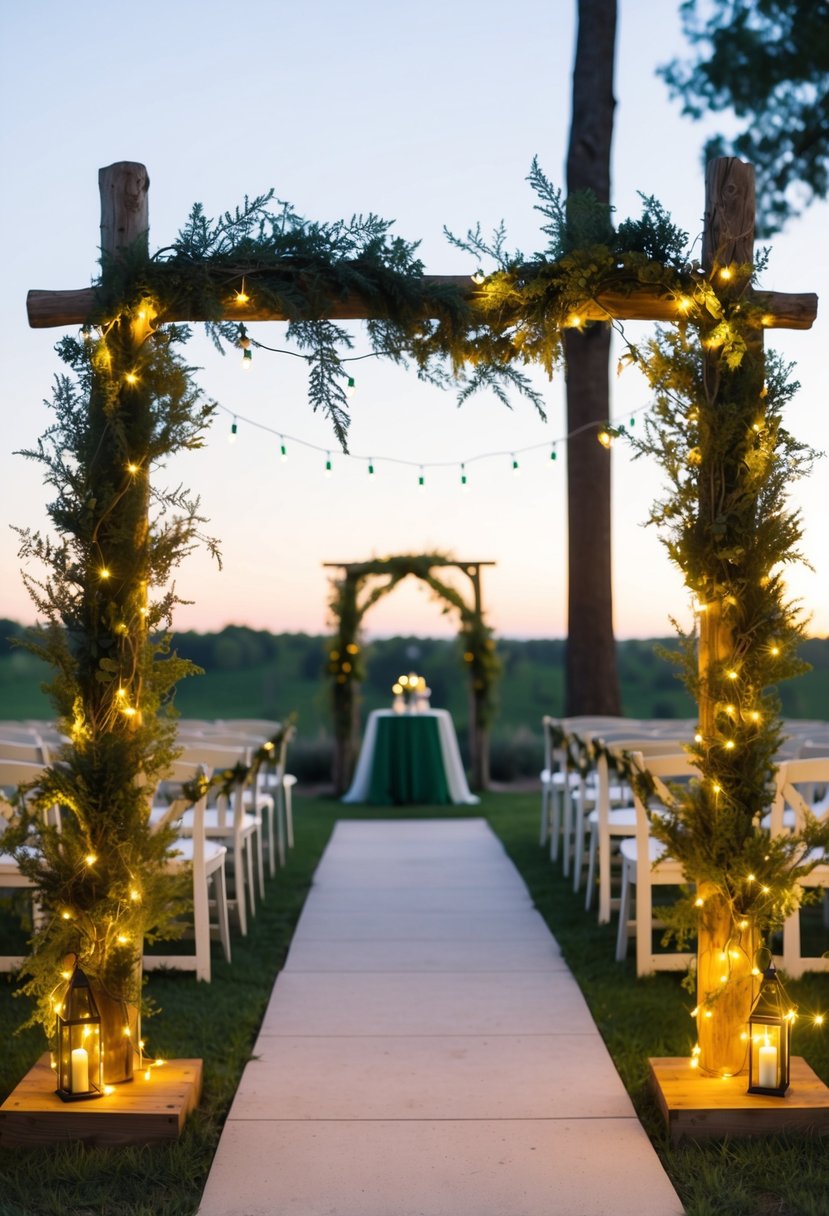 Emerald and yellow fairy lights intertwine around a rustic wedding arch, casting a warm and enchanting glow over the outdoor ceremony space