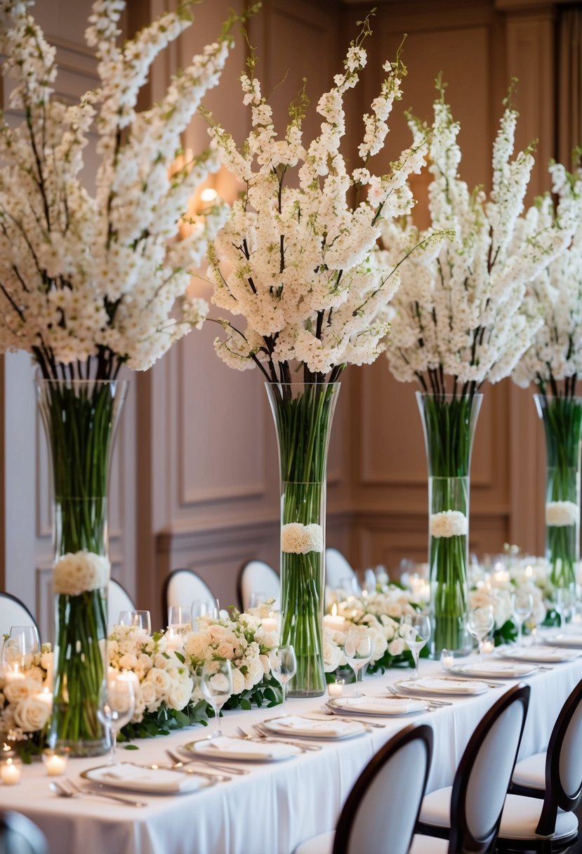 A head table at a wedding adorned with elegant cherry blossom arrangements in tall vases, creating a romantic and serene atmosphere