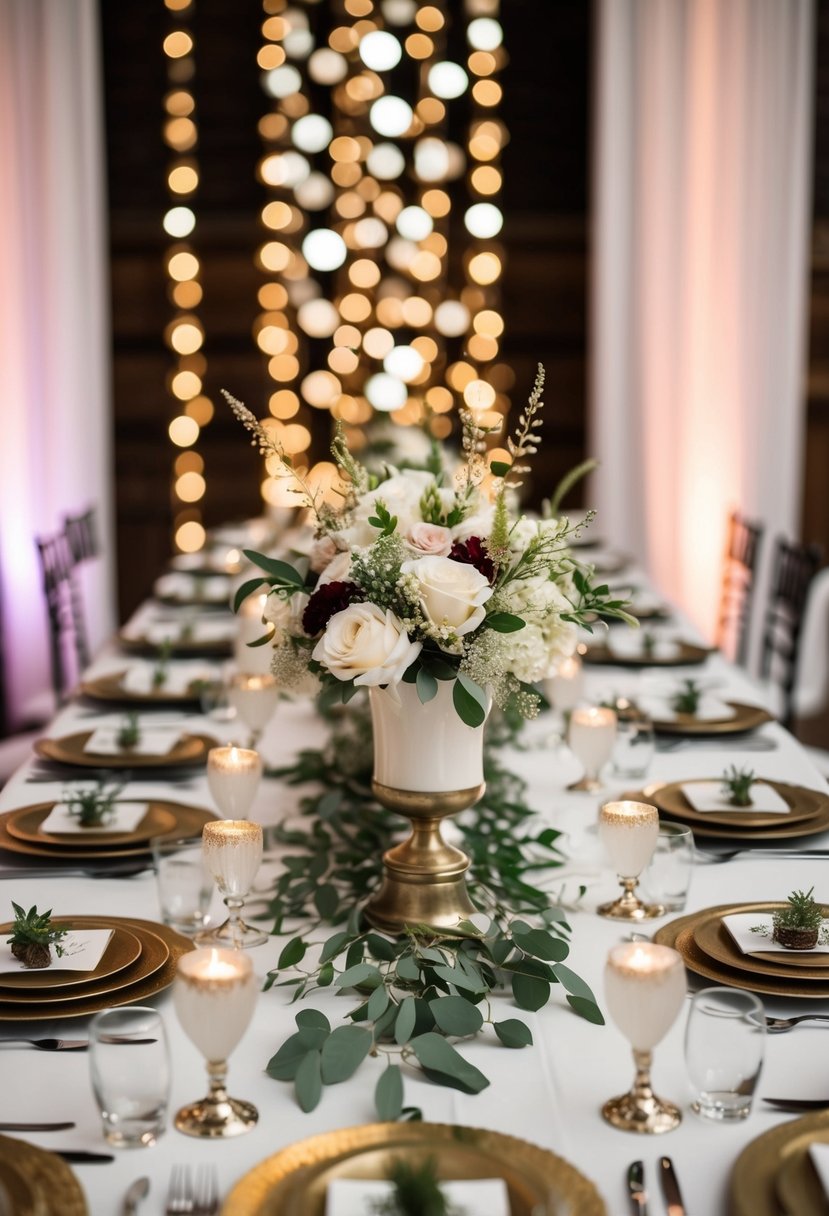 A head table adorned with mixed metal accents and elegant decorations for a wedding reception