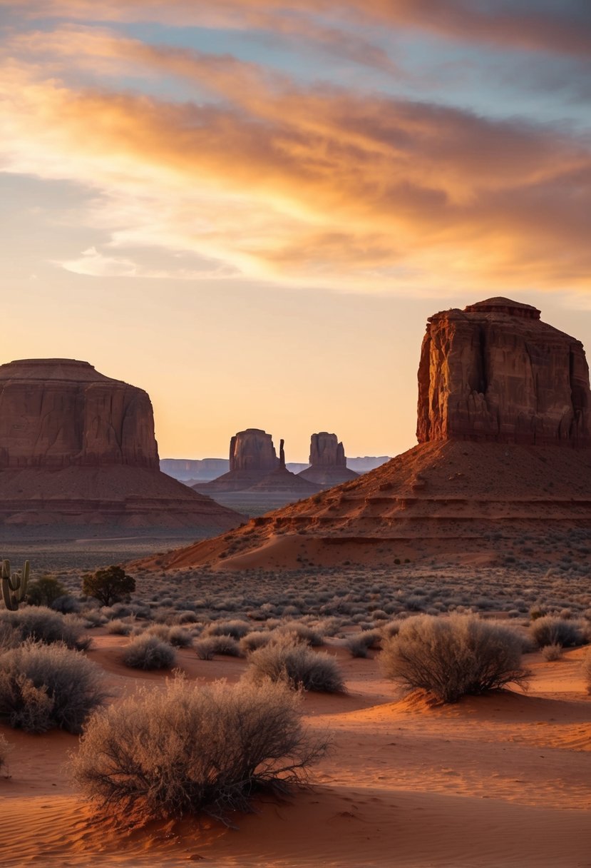 A desert landscape at sunset with terracotta cliffs, dusty sagebrush, and a warm, golden sky