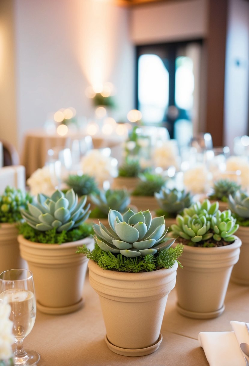 A beautifully arranged succulent planter favors adorning the head table at a wedding reception, adding a touch of natural elegance to the decor