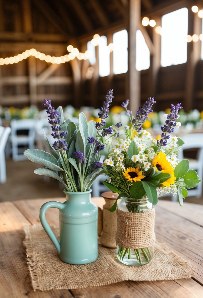 A rustic barn setting with sage and lavender decor, burlap accents, and wildflower bouquets