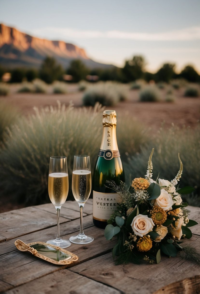 A rustic western wedding scene with champagne and sophisticated color palette, featuring elegant floral arrangements and vintage decor