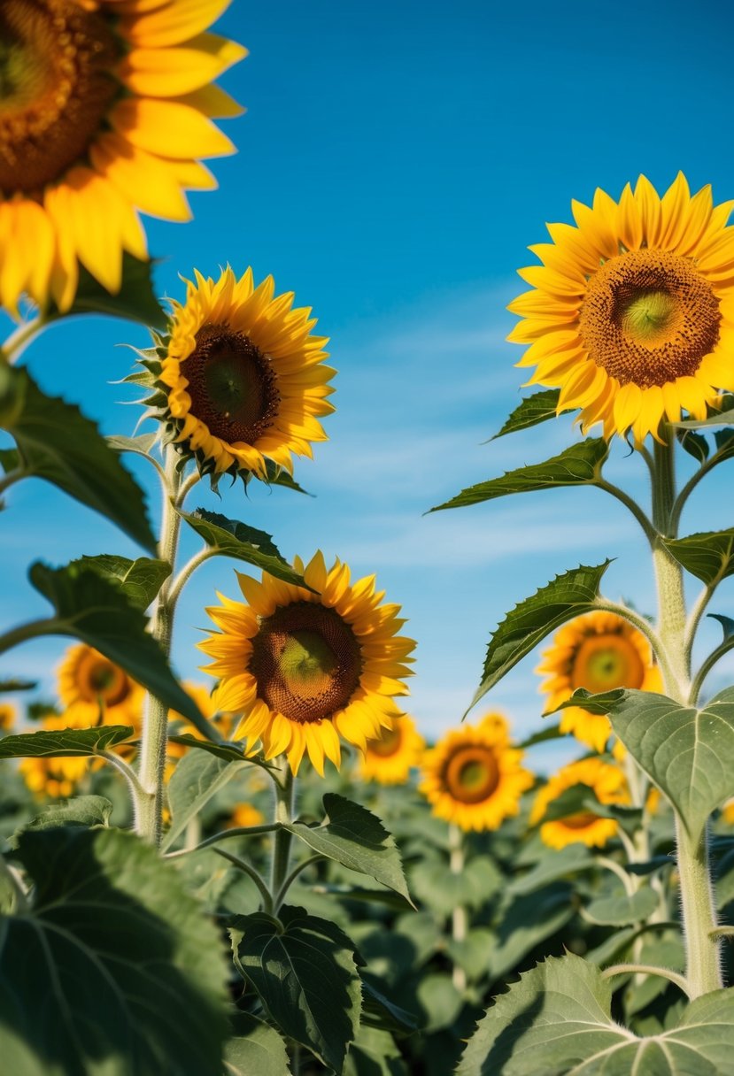 A vibrant sunflower field with golden, amber, and turquoise accents under a clear blue sky