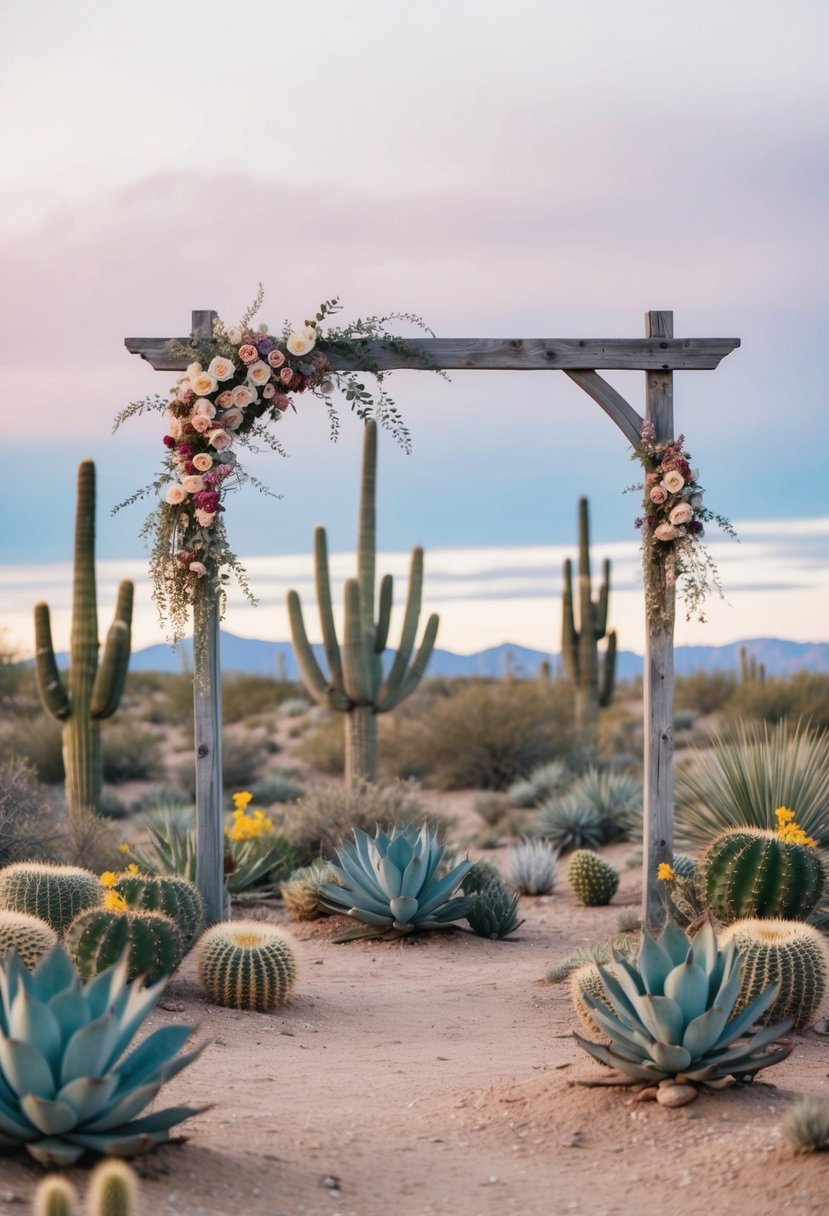 A desert landscape with dusty mauve and dusty blue accents, featuring cactus, succulents, and a rustic wooden arch adorned with wildflowers