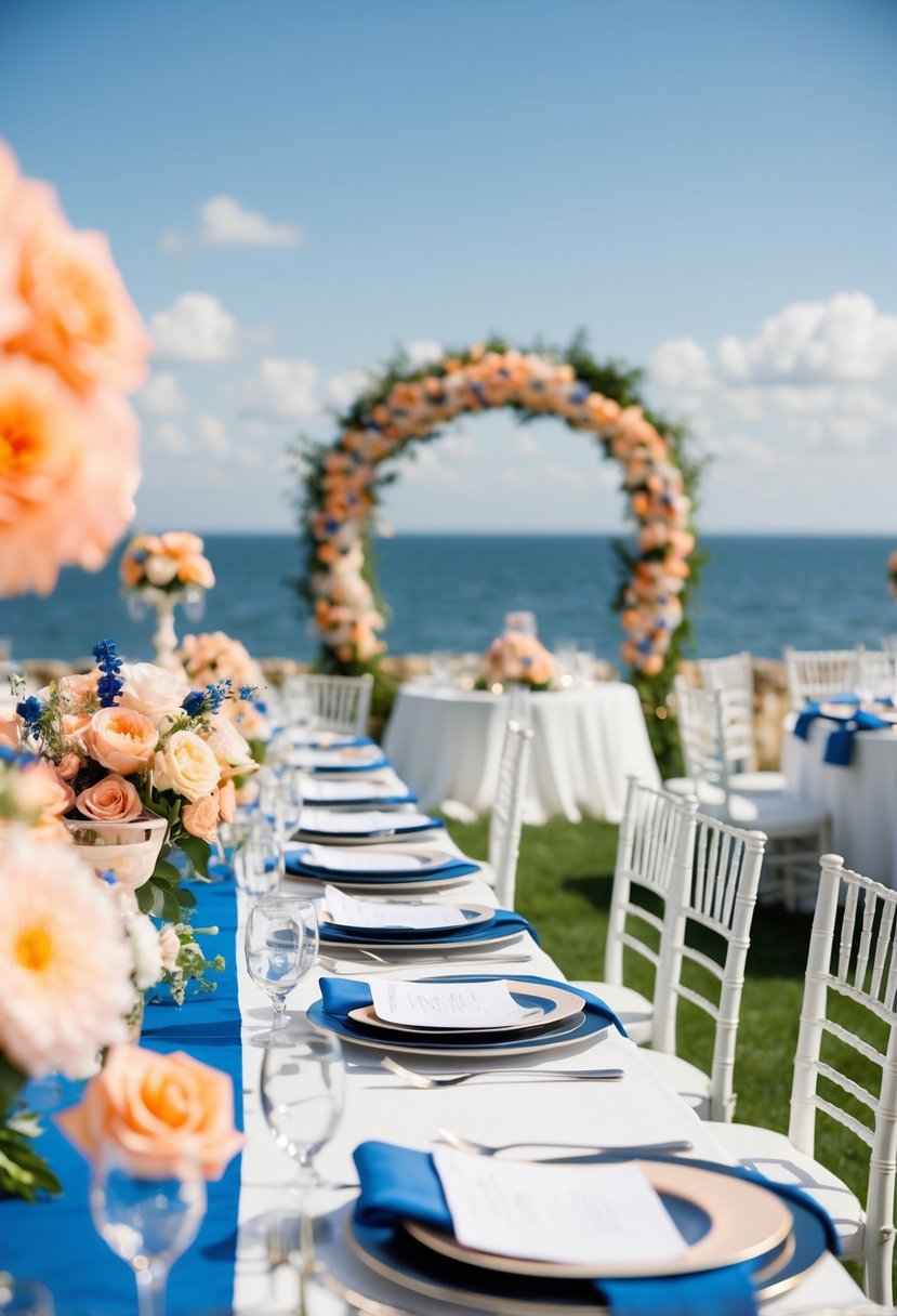 A peach and blue wedding scene with floral arrangements, table settings, and a decorative archway