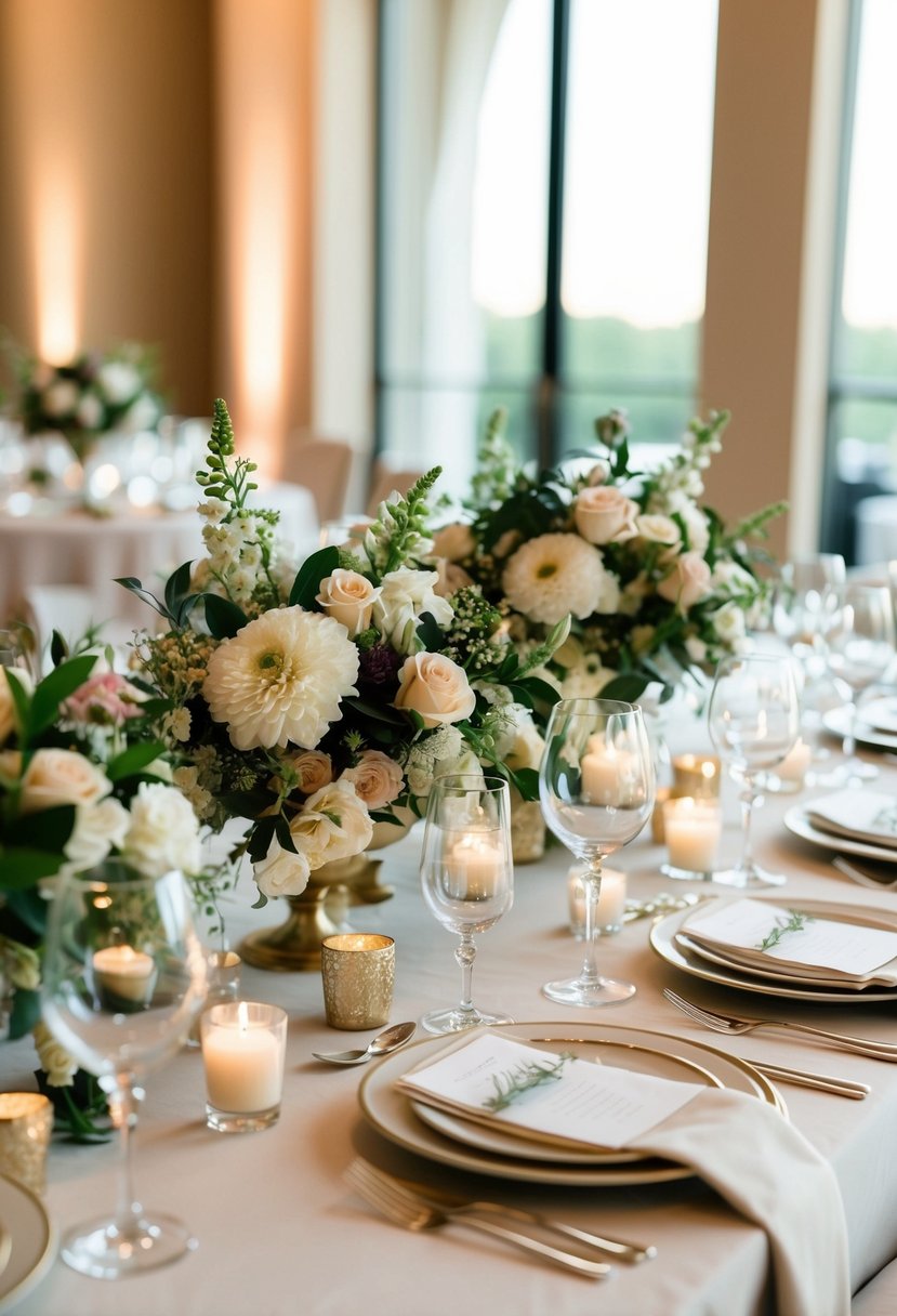 A table adorned with floral centerpieces and elegant glassware for a wedding reception