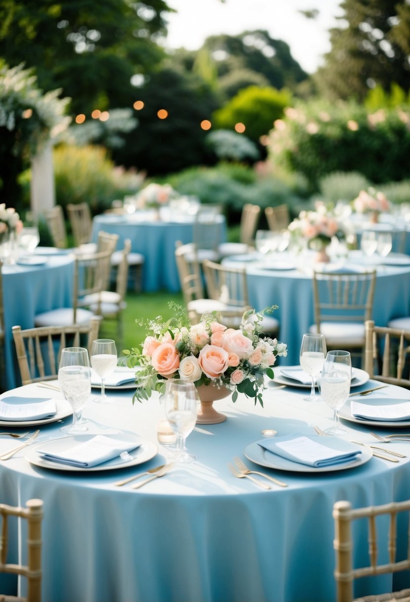 A serene garden wedding with dusty blue tablecloths and soft peach floral centerpieces, creating a romantic and elegant atmosphere